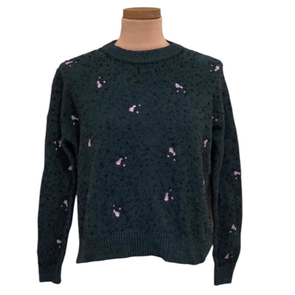 Madewell Sweater Size XS Hunter Green Floral Embroidered Pullover